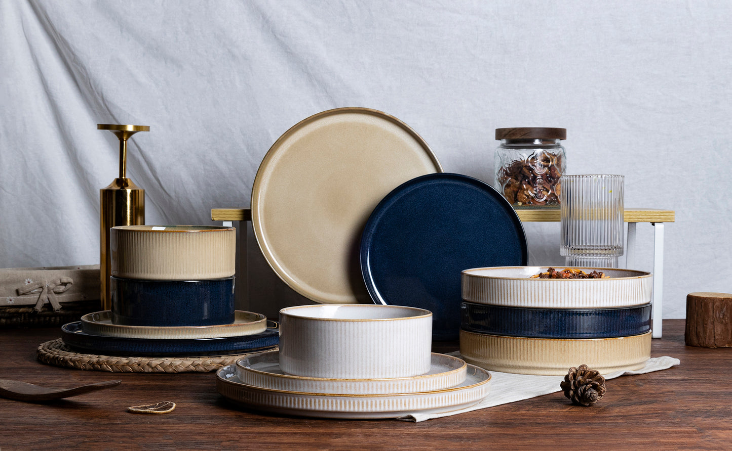 Blue Stackable Stylish Embossed Reactive Glaze Dinnerware Set