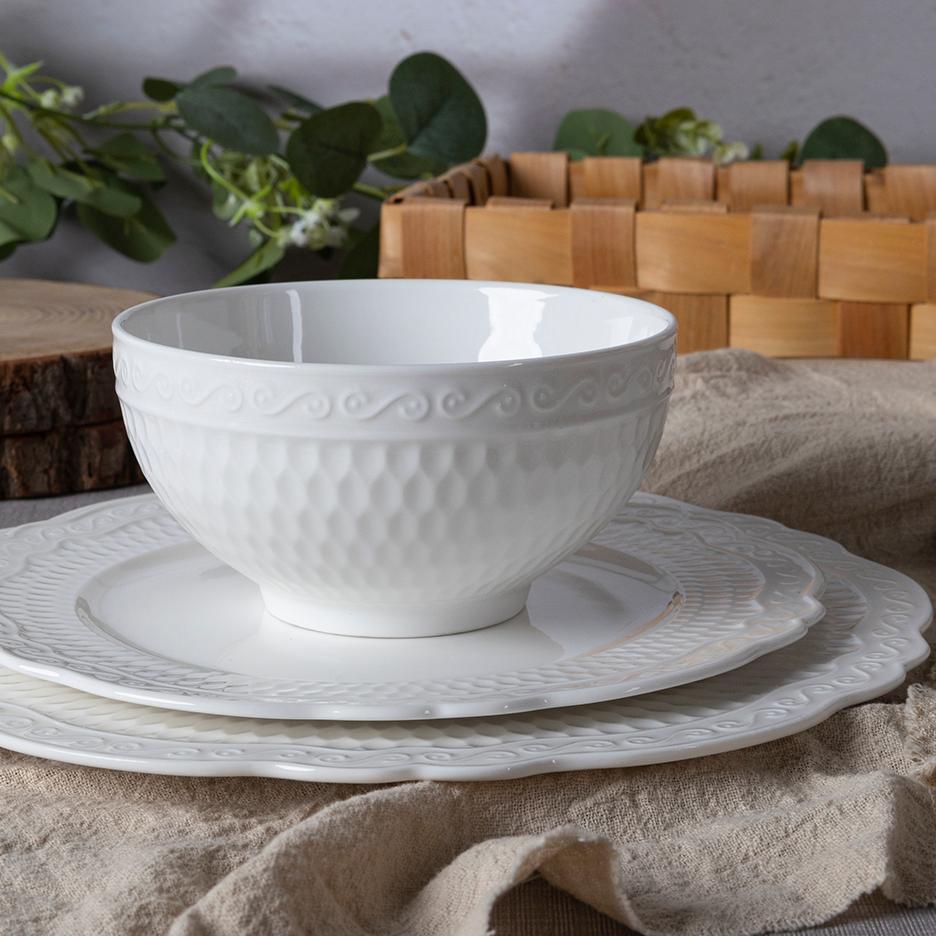 24-Piece White Embossed China Dinnerware Set – Classic Elegance in Every Meal