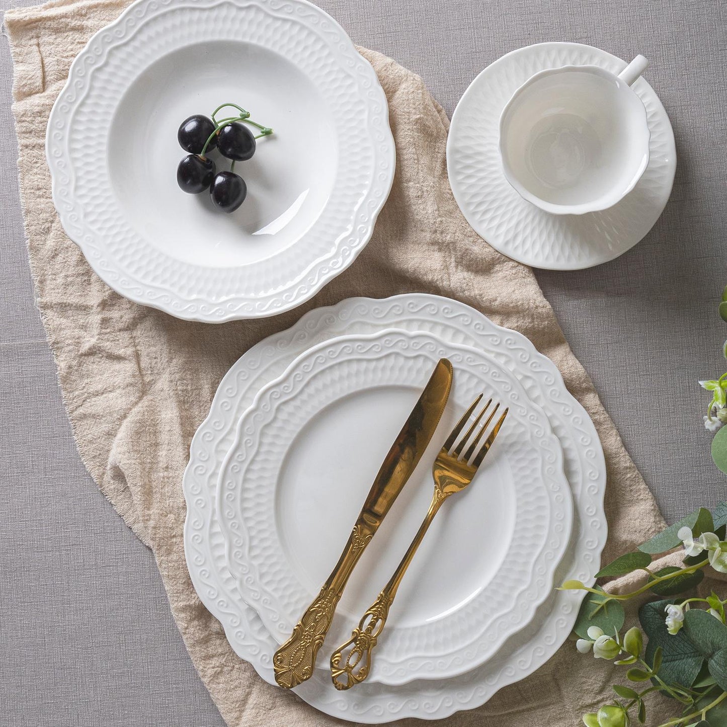 24-Piece White Embossed China Dinnerware Set – Classic Elegance in Every Meal