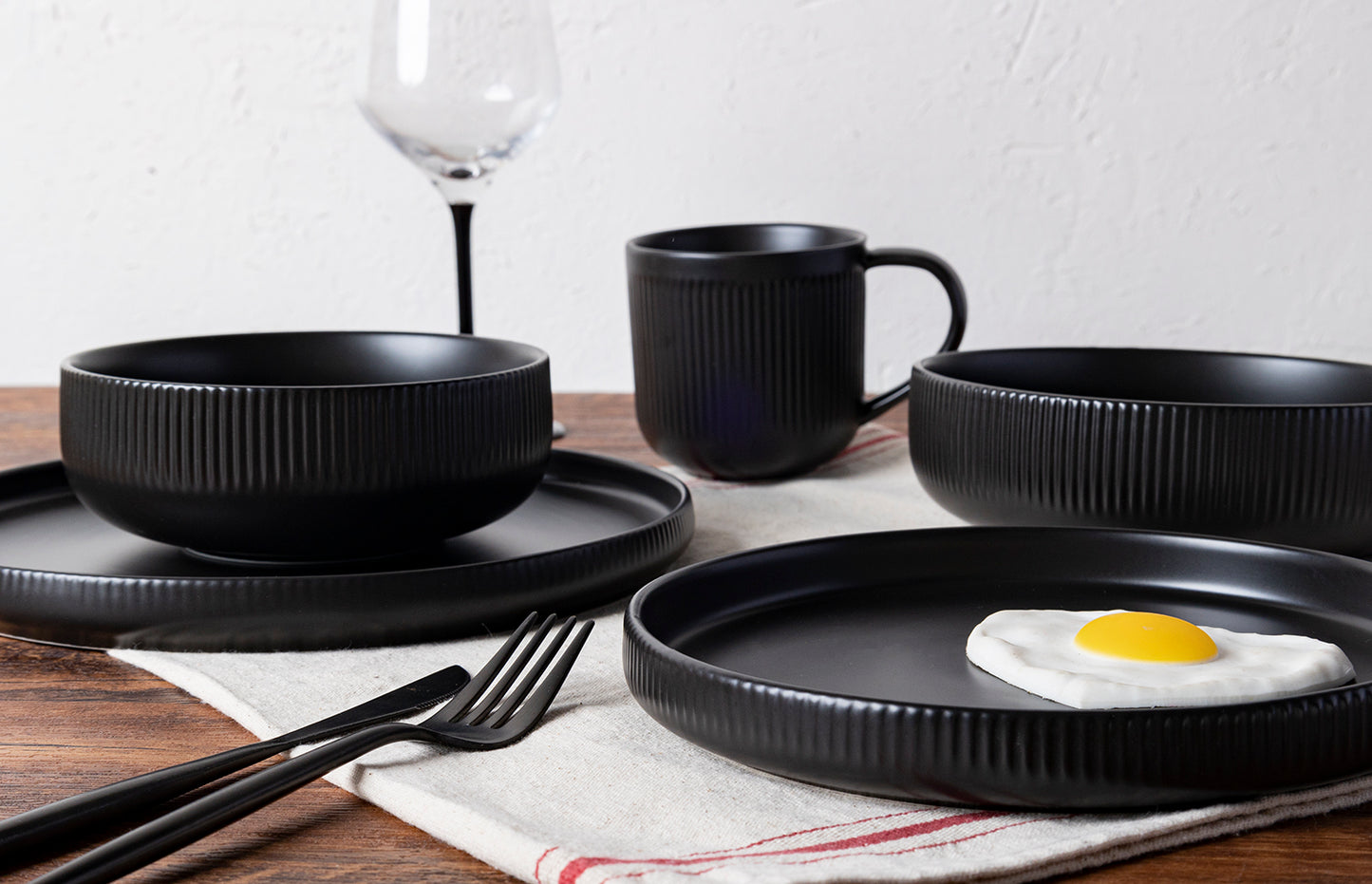 Modern Black and White Dinnerware Collection - Embossed Striped Design, Service for 4
