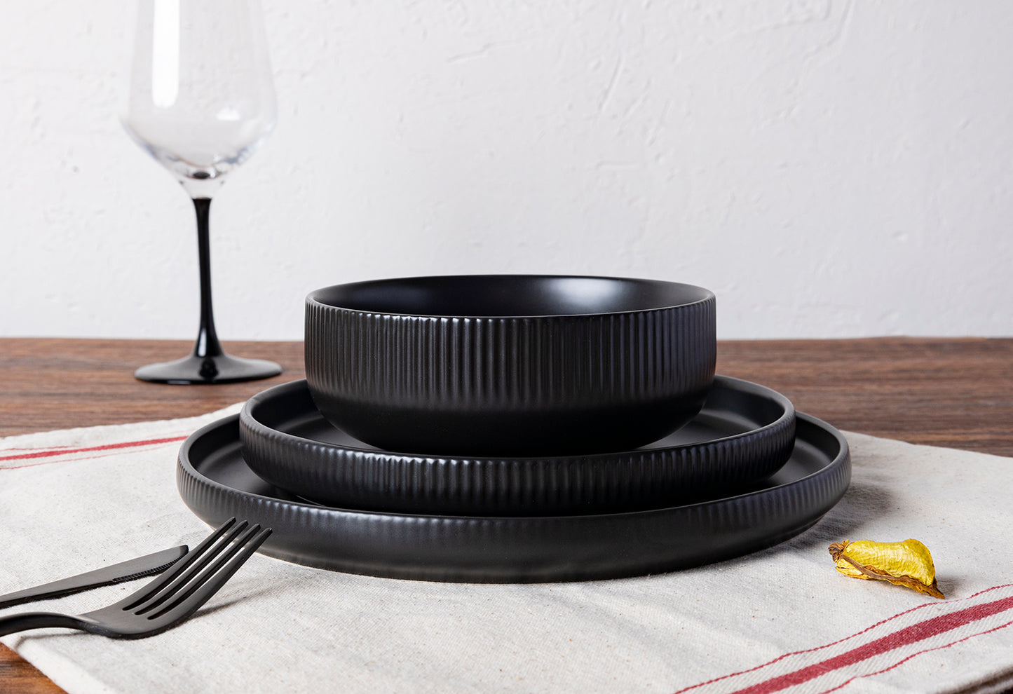 Modern Black and White Dinnerware Collection - Embossed Striped Design, Service for 4