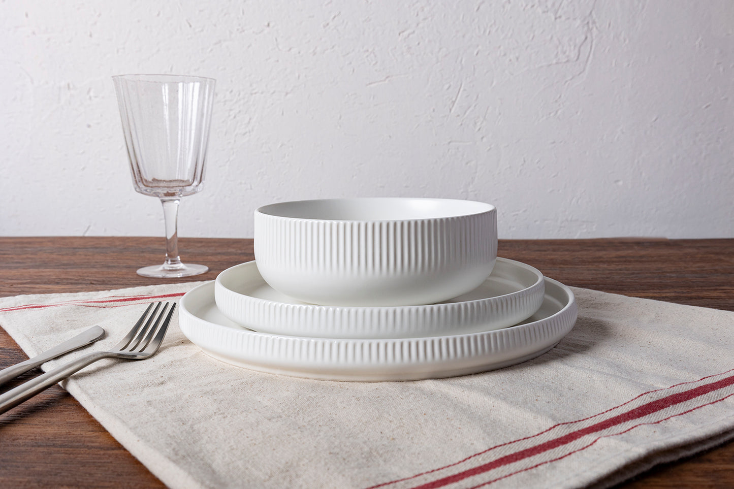 Modern Black and White Dinnerware Collection - Embossed Striped Design, Service for 4