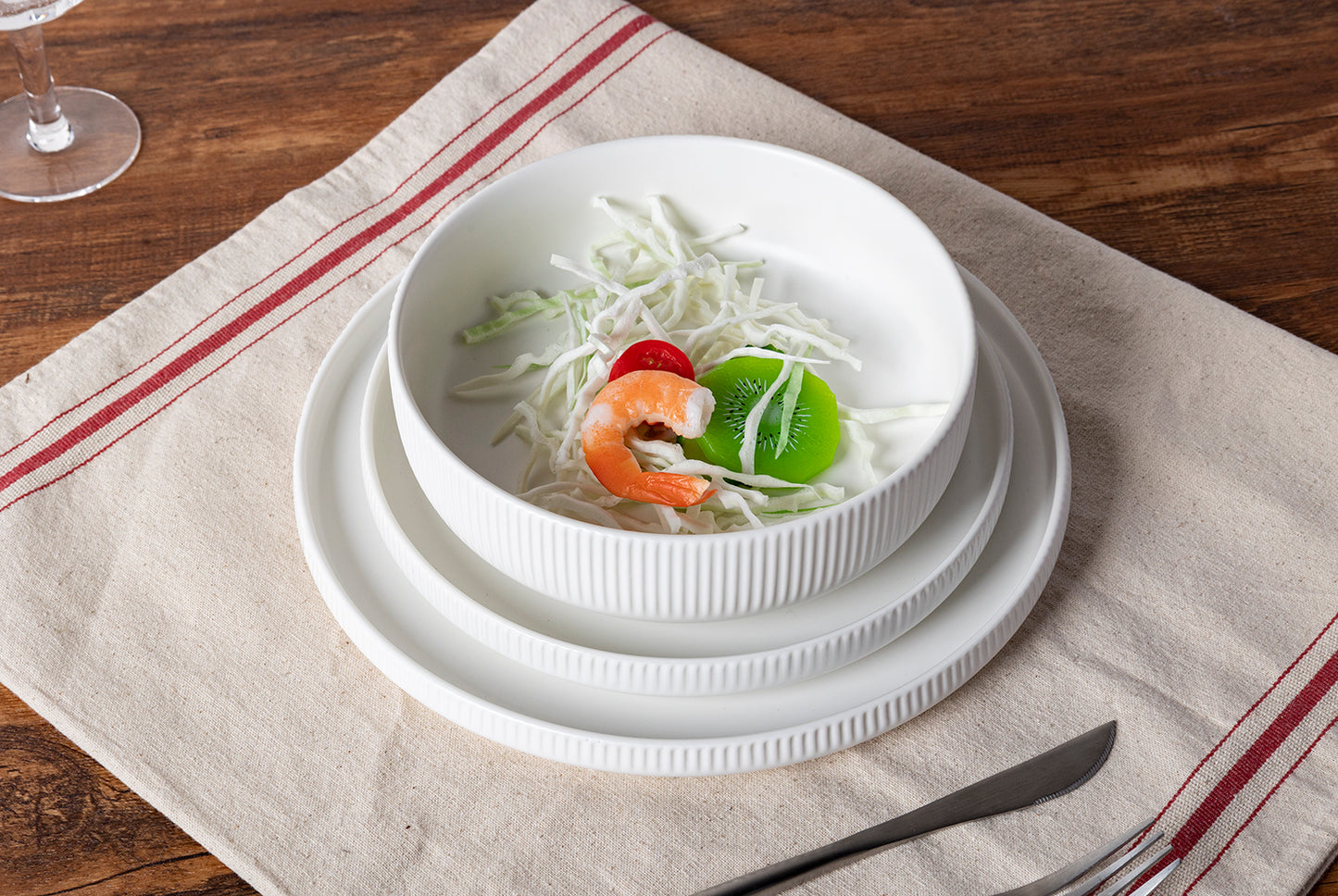 Modern Black and White Dinnerware Collection - Embossed Striped Design, Service for 4