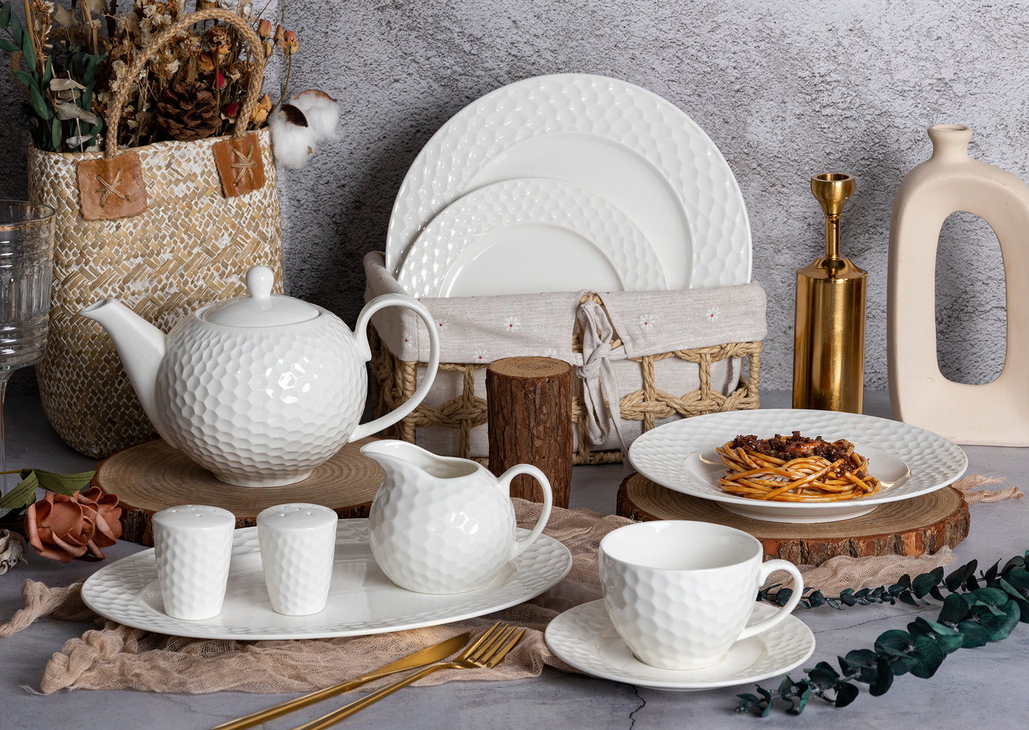 Modern Embossed Dinnerware Set - Plates, Bowls, and Mugs for Elegant Dining