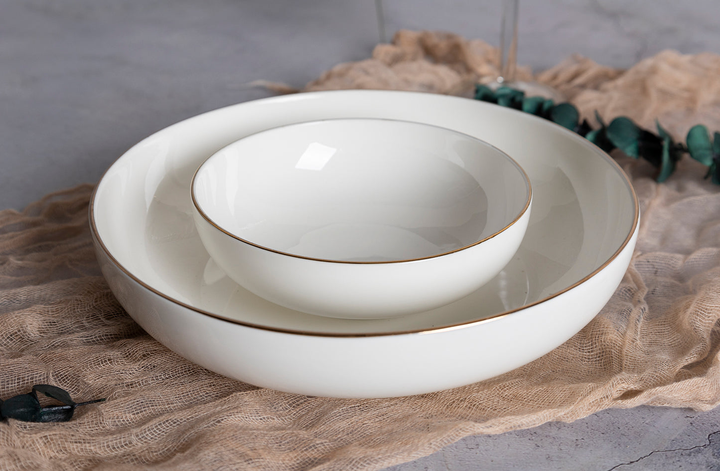 Elegant Gold-Rimmed Dinnerware Set - Plates, Bowls, Mugs, and Teacups