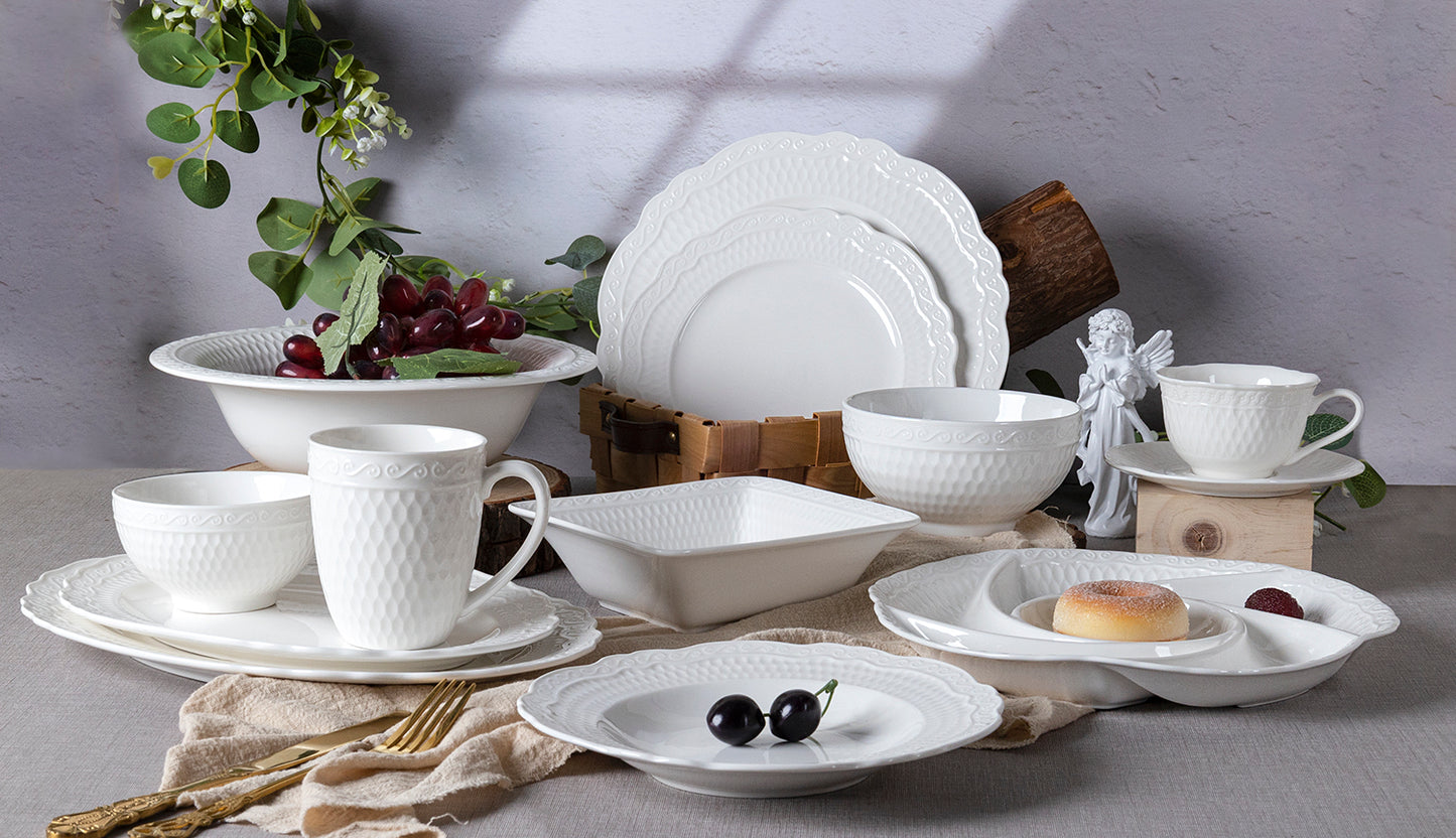 24-Piece White Embossed China Dinnerware Set – Classic Elegance in Every Meal