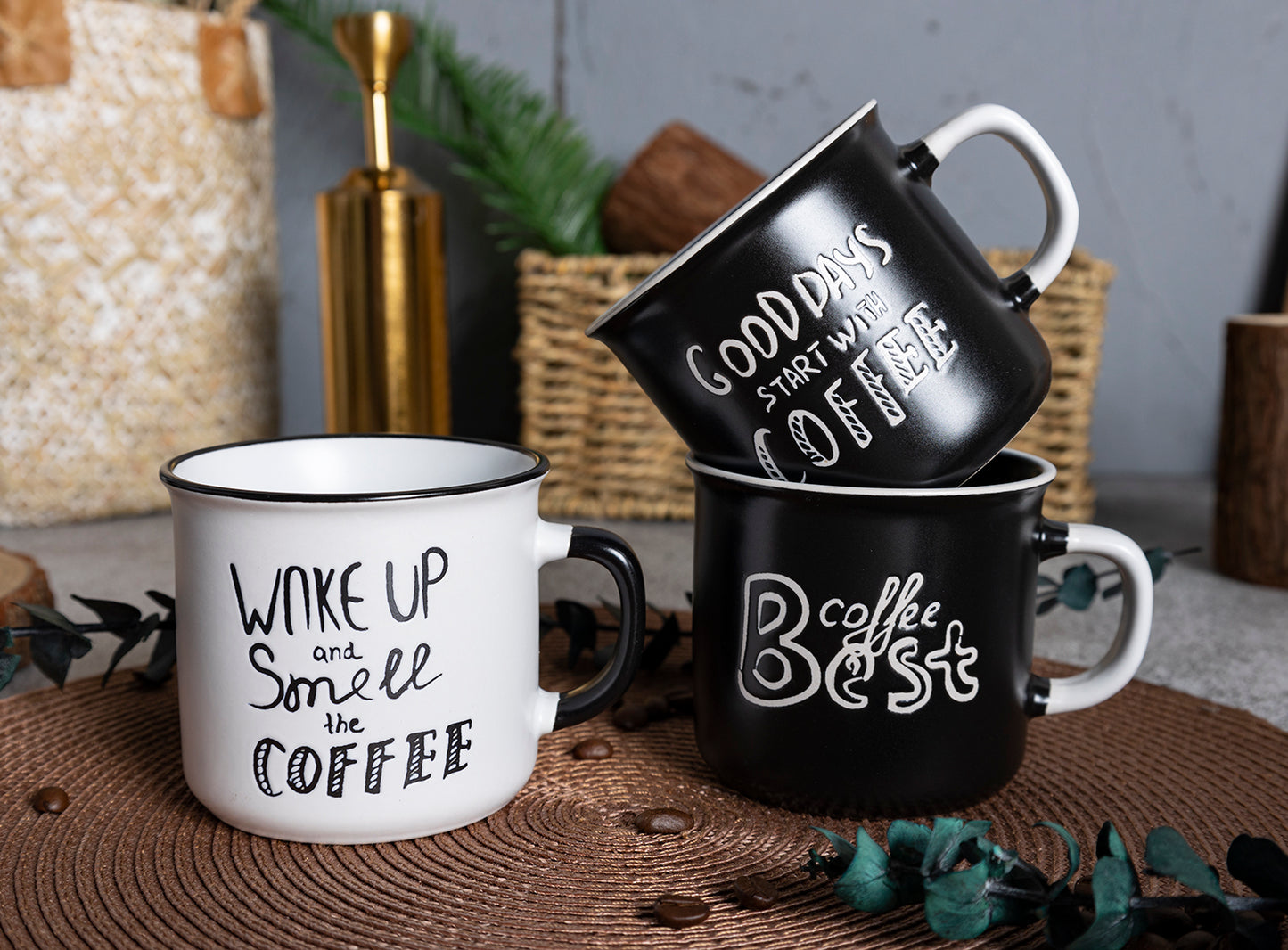 Black and White Coffee Mug Set - Inspirational Ceramic Cups for Coffee Lovers | Perfect Gift Idea