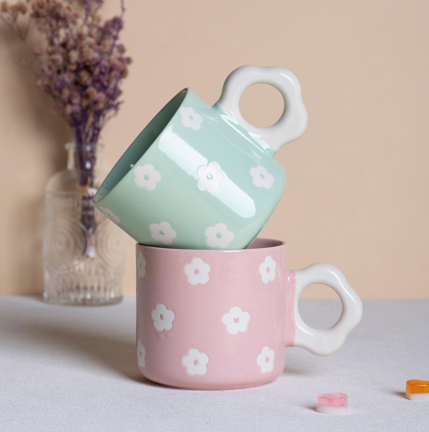 Trendy Colour Daisy Ceramic Coffee Mug 320ml with Flower Handle Assorted Pink Yellow Lilac Green