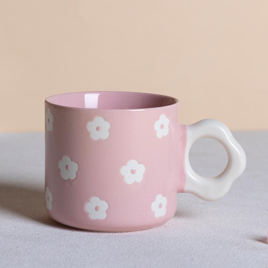 Trendy Colour Daisy Ceramic Coffee Mug 320ml with Flower Handle Assorted Pink Yellow Lilac Green