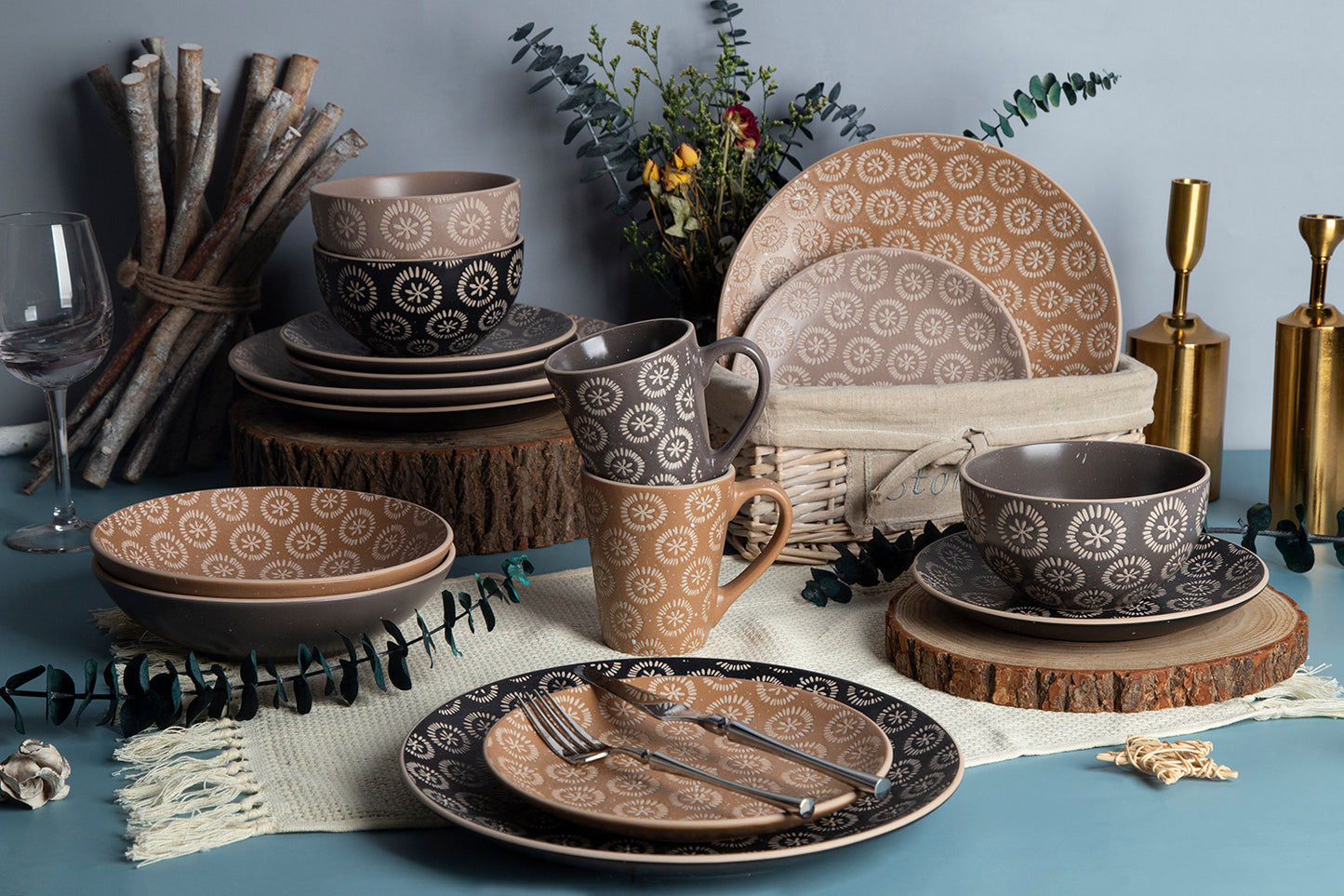 Floral Pattern Vintage Matte Ceramic Stoneware Tableware Set | NO.: 1D-002