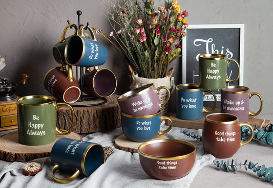 Gilt rim and handle mugs with speckles and silk screen wording | NO.: 86D-010
