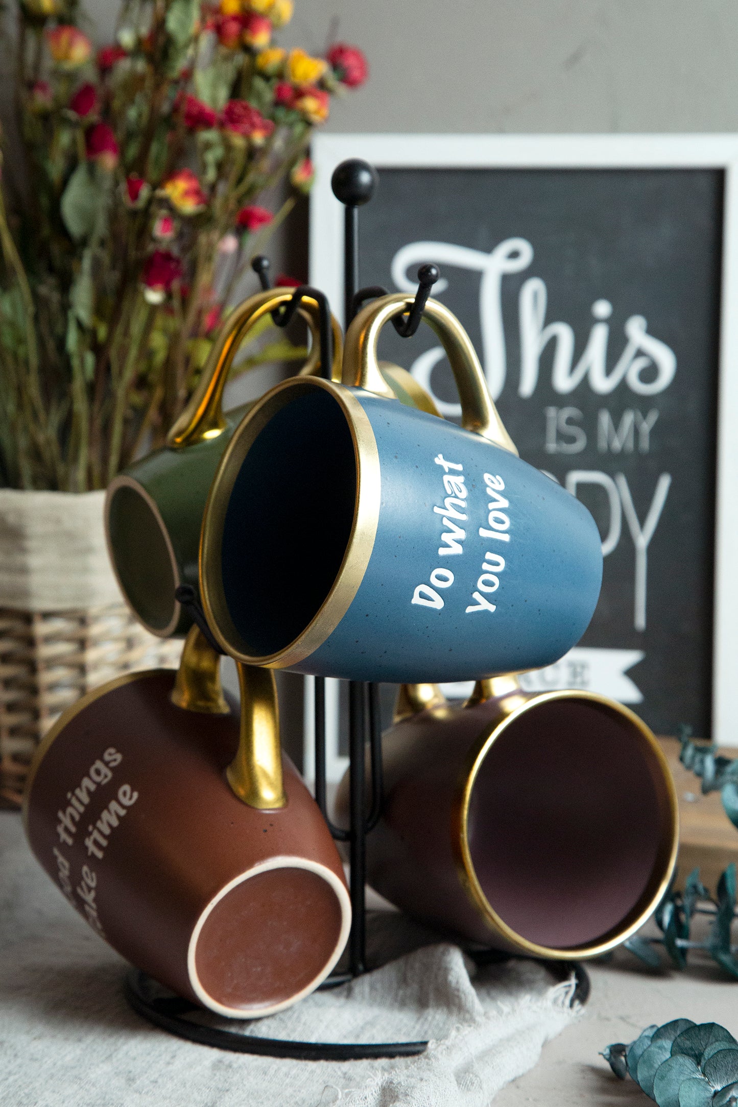 Gilt rim and handle mugs with speckles and silk screen wording | NO.: 86D-010