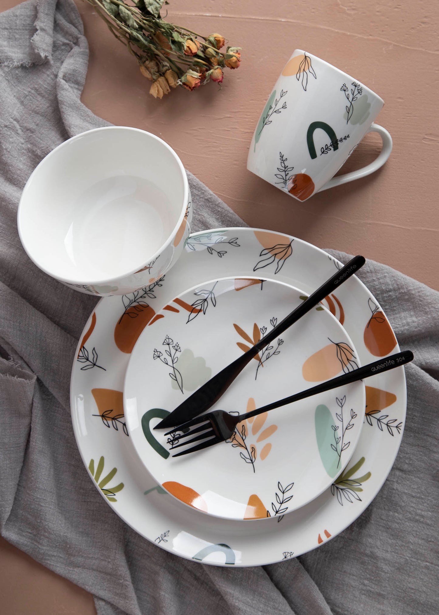 Four Seasons Abstract Plant Pattern Decal Plate Bowl Cup Porcelain Tableware | Item NO.: 96C-029