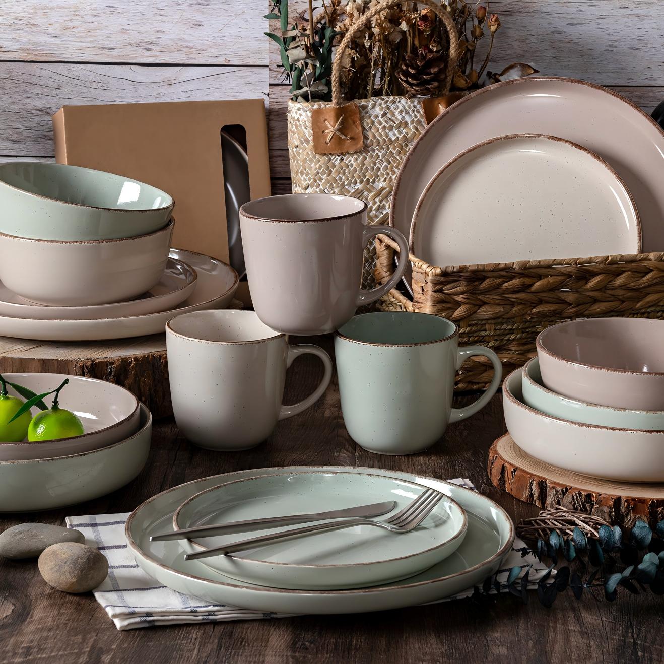 Modern Stoneware Dinnerware Set – Handmade Reactive Glaze Plates & Bowls for Elegant Home Dining