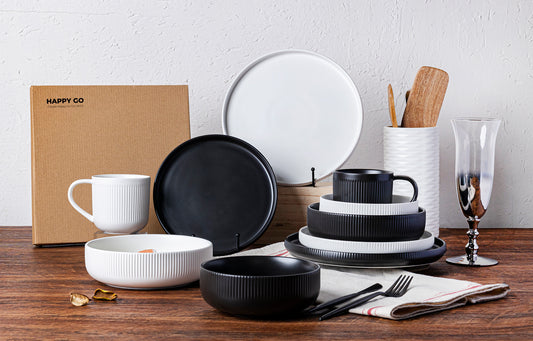 Modern Black and White Dinnerware Collection - Embossed Striped Design, Service for 4