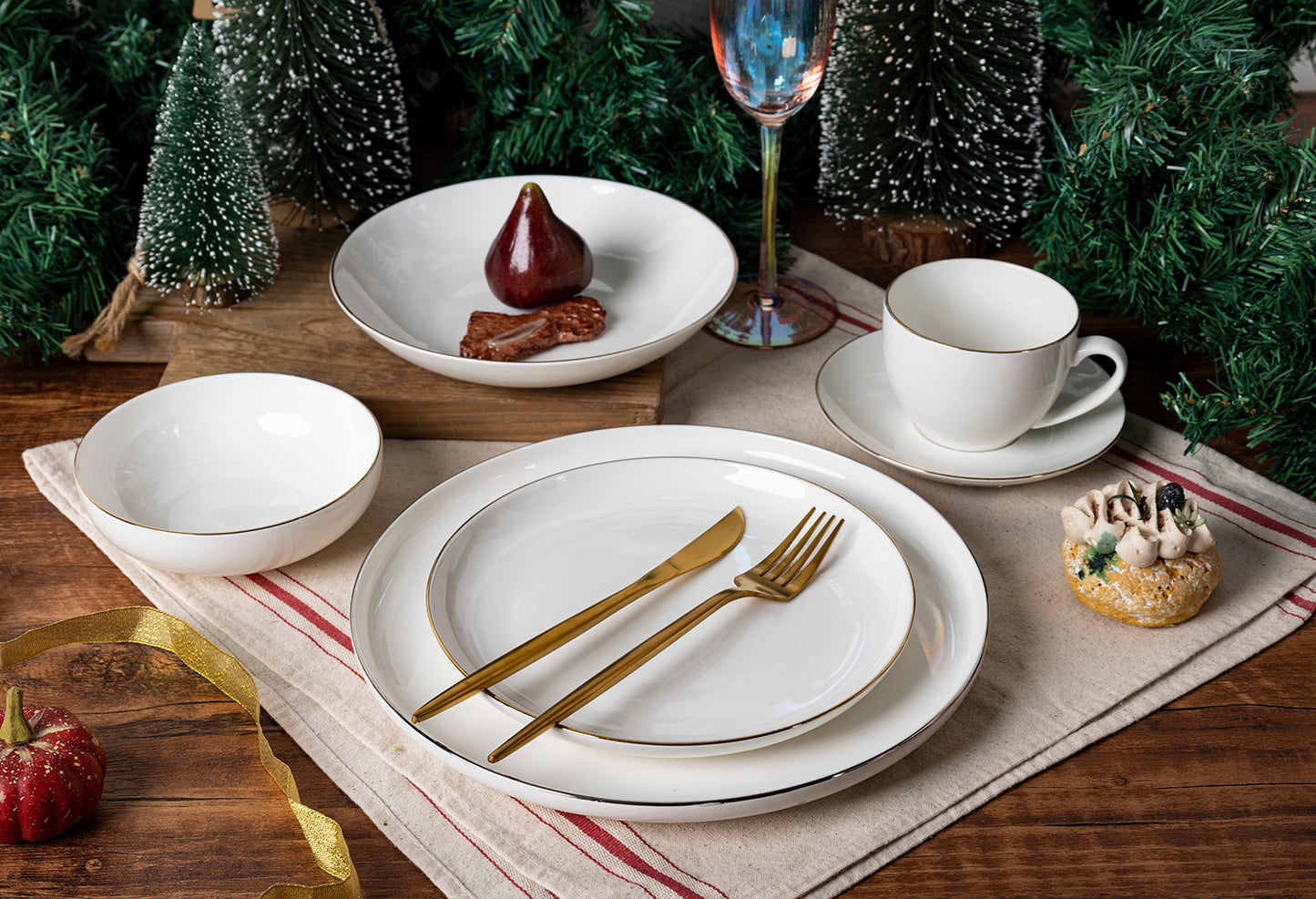 Elegant Gold-Rimmed Dinnerware Set - Plates, Bowls, Mugs, and Teacups