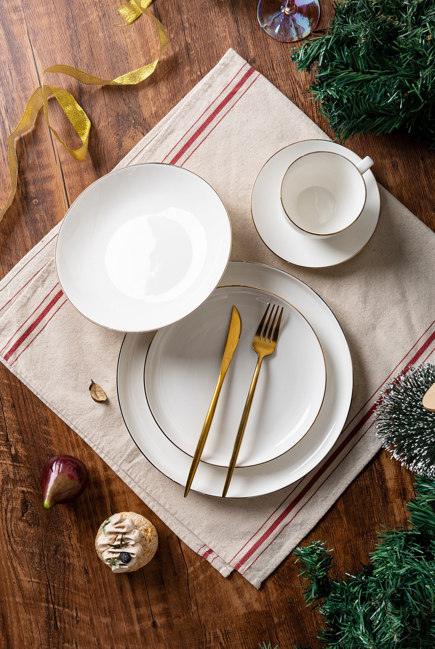 Elegant Gold-Rimmed Dinnerware Set - Plates, Bowls, Mugs, and Teacups