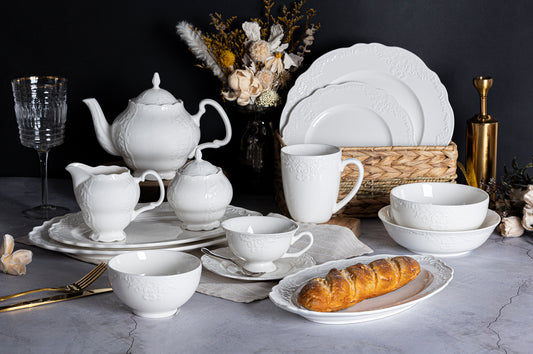 Elegant White Embossed Dinnerware Set with Tea Service for Any Occasion