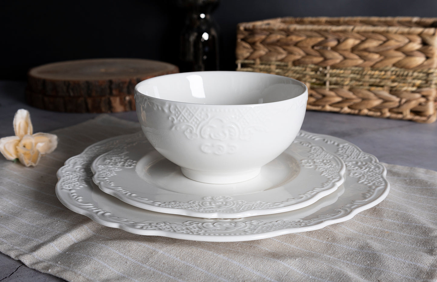 Elegant White Embossed Dinnerware Set with Tea Service for Any Occasion