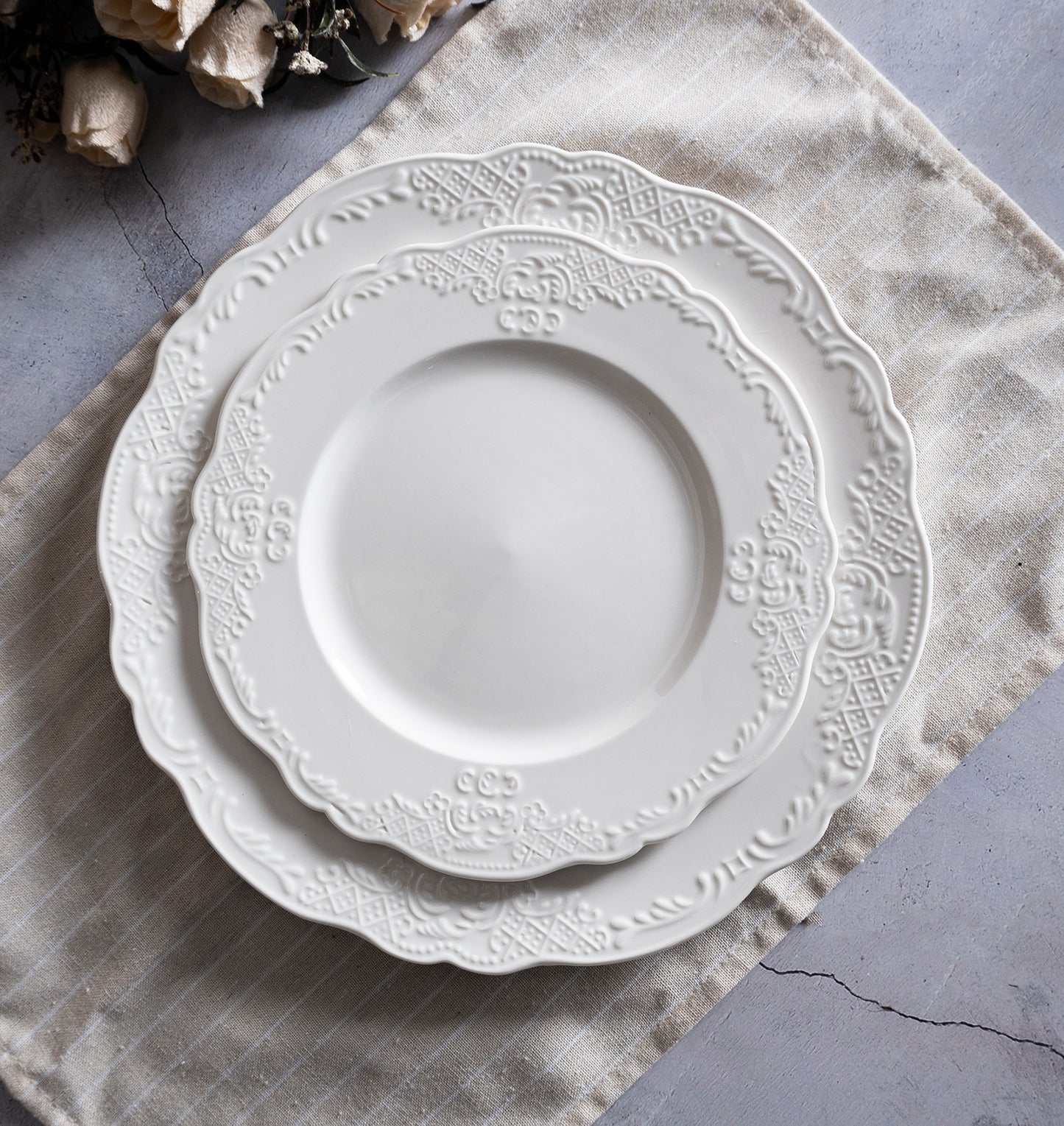 Elegant White Embossed Dinnerware Set with Tea Service for Any Occasion