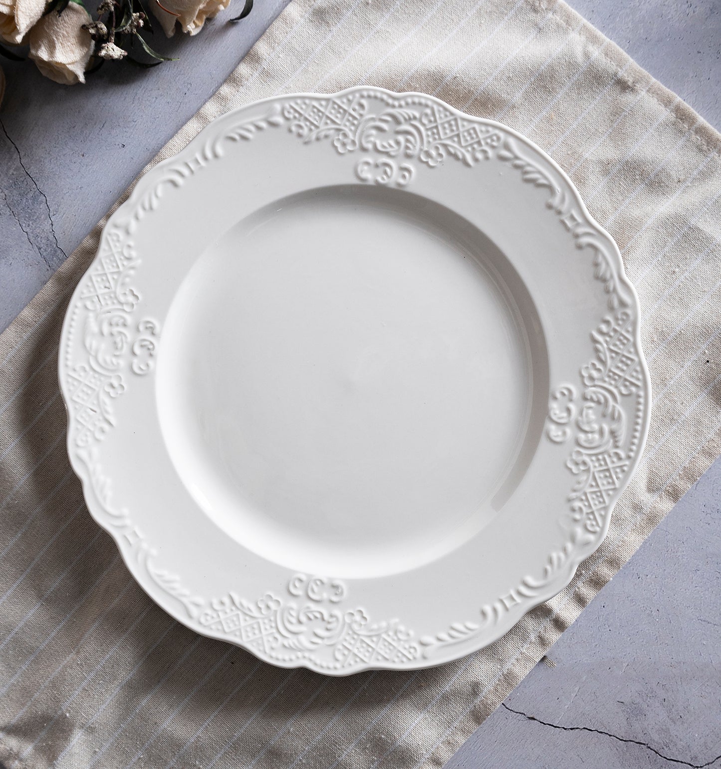 Elegant White Embossed Dinnerware Set with Tea Service for Any Occasion