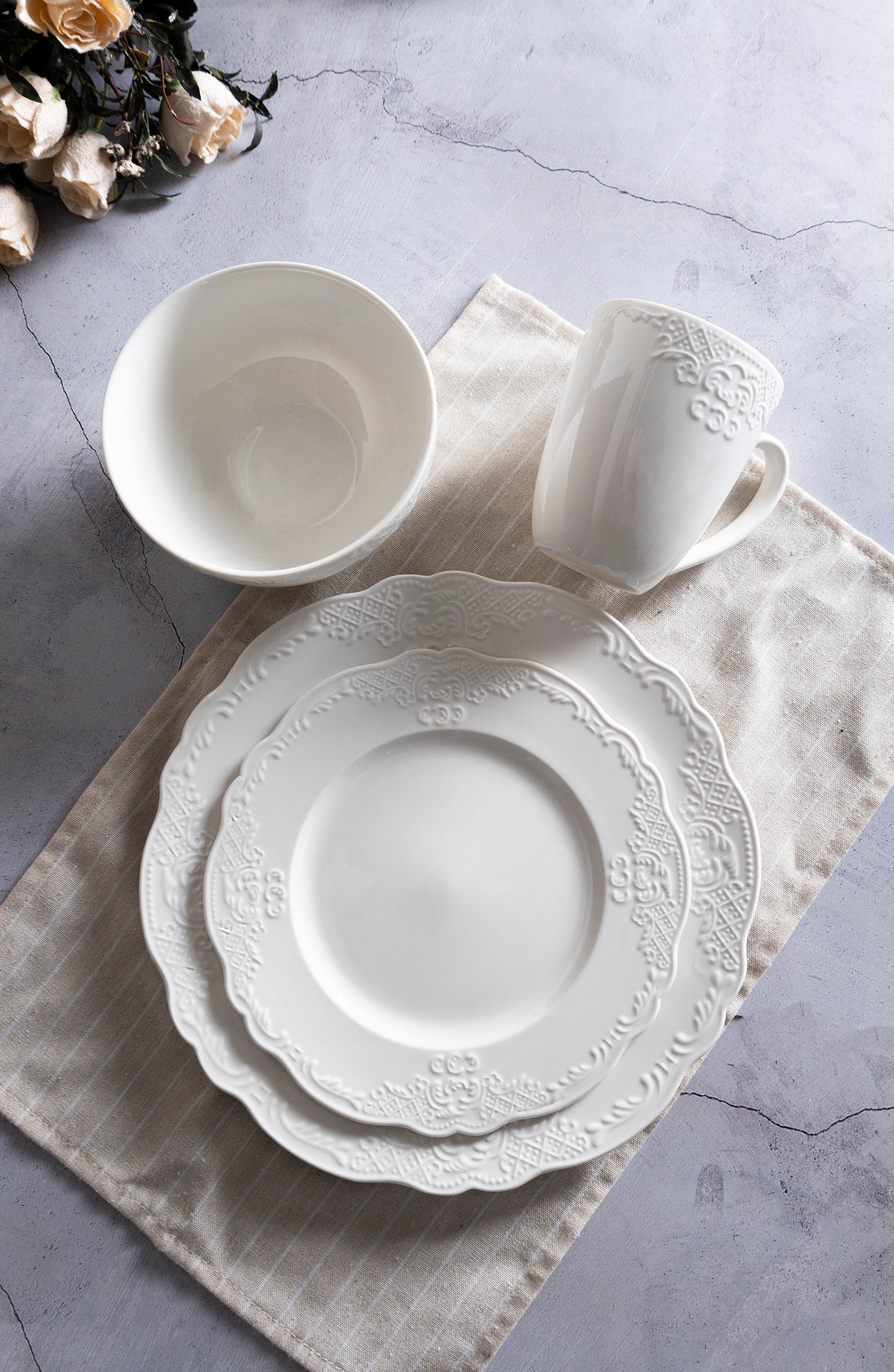 Elegant White Embossed Dinnerware Set with Tea Service for Any Occasion