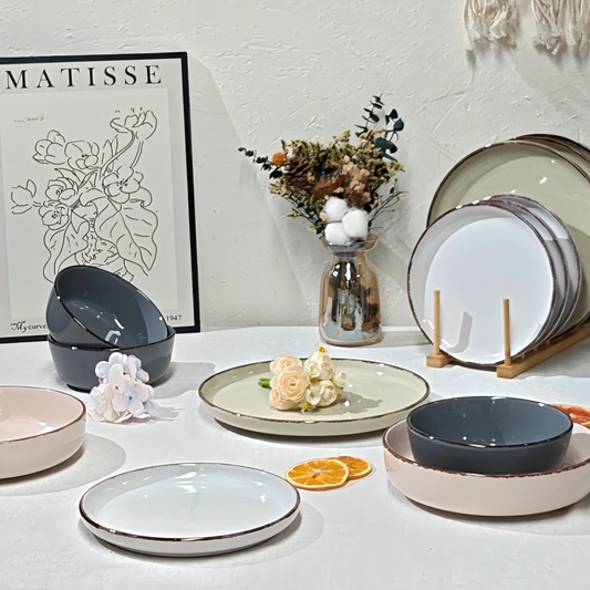 Modern Stoneware Dinnerware Set – Handmade Reactive Glaze Plates & Bowls for Elegant Home Dining