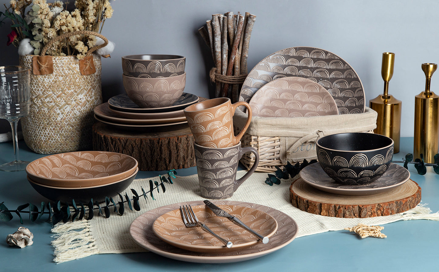 Abstract Pattern Vintage Matte Ceramic Stoneware Dinnerware Set | NO.: 1D-005
