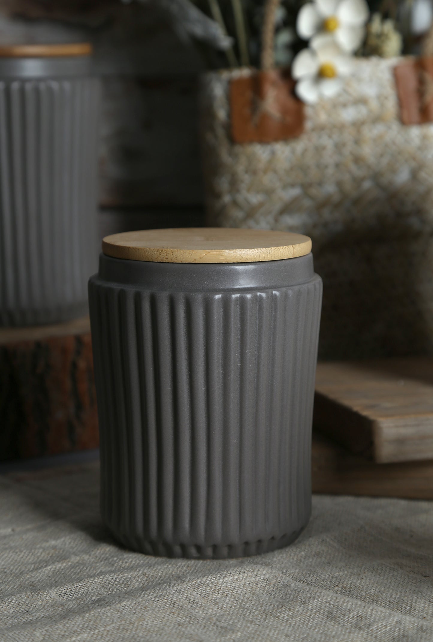 Wooden lid dolomite food jar with embossed vertical stripes pattern | Item NO.: 202D-001B