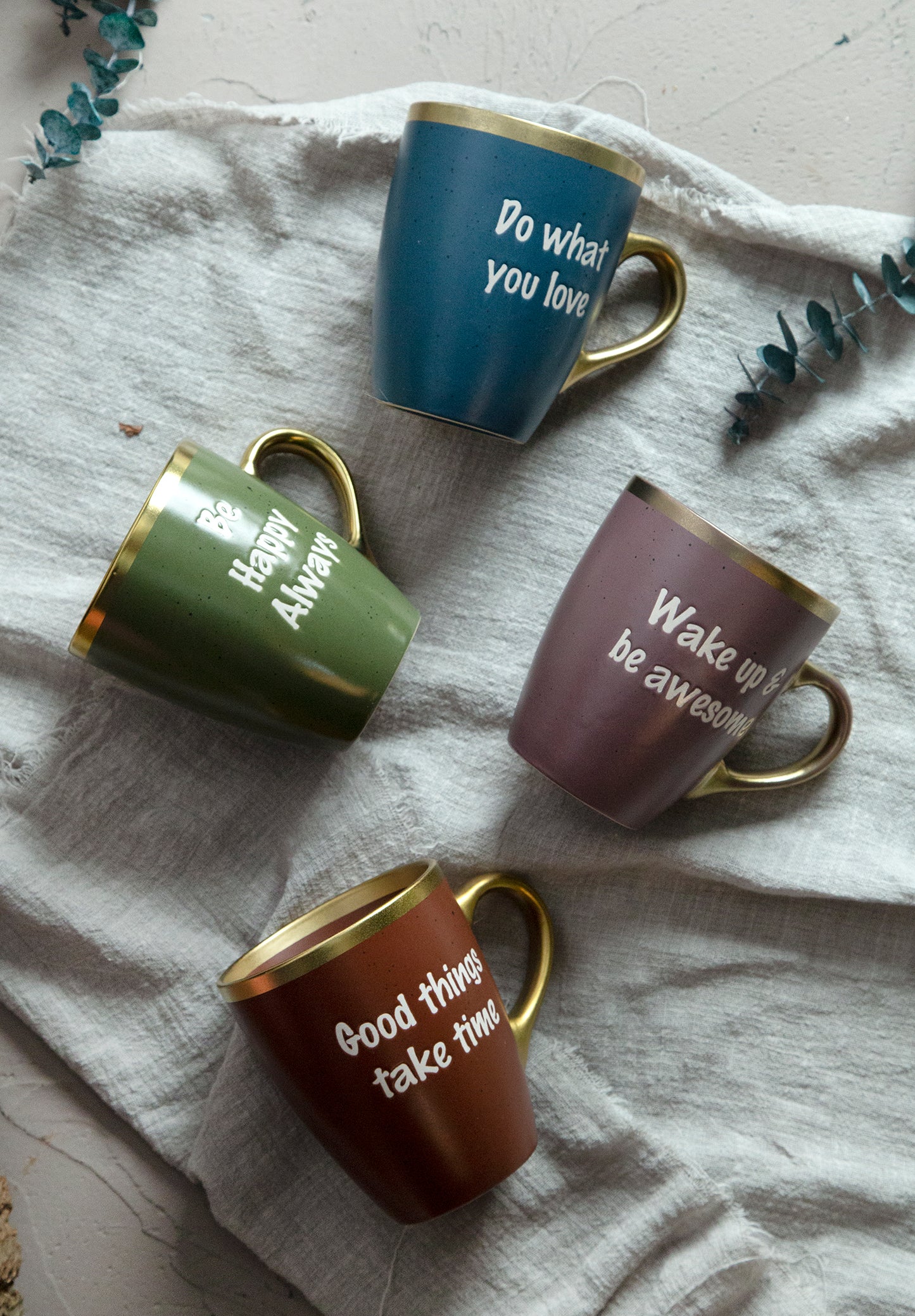 Gilt rim and handle mugs with speckles and silk screen wording | NO.: 86D-010