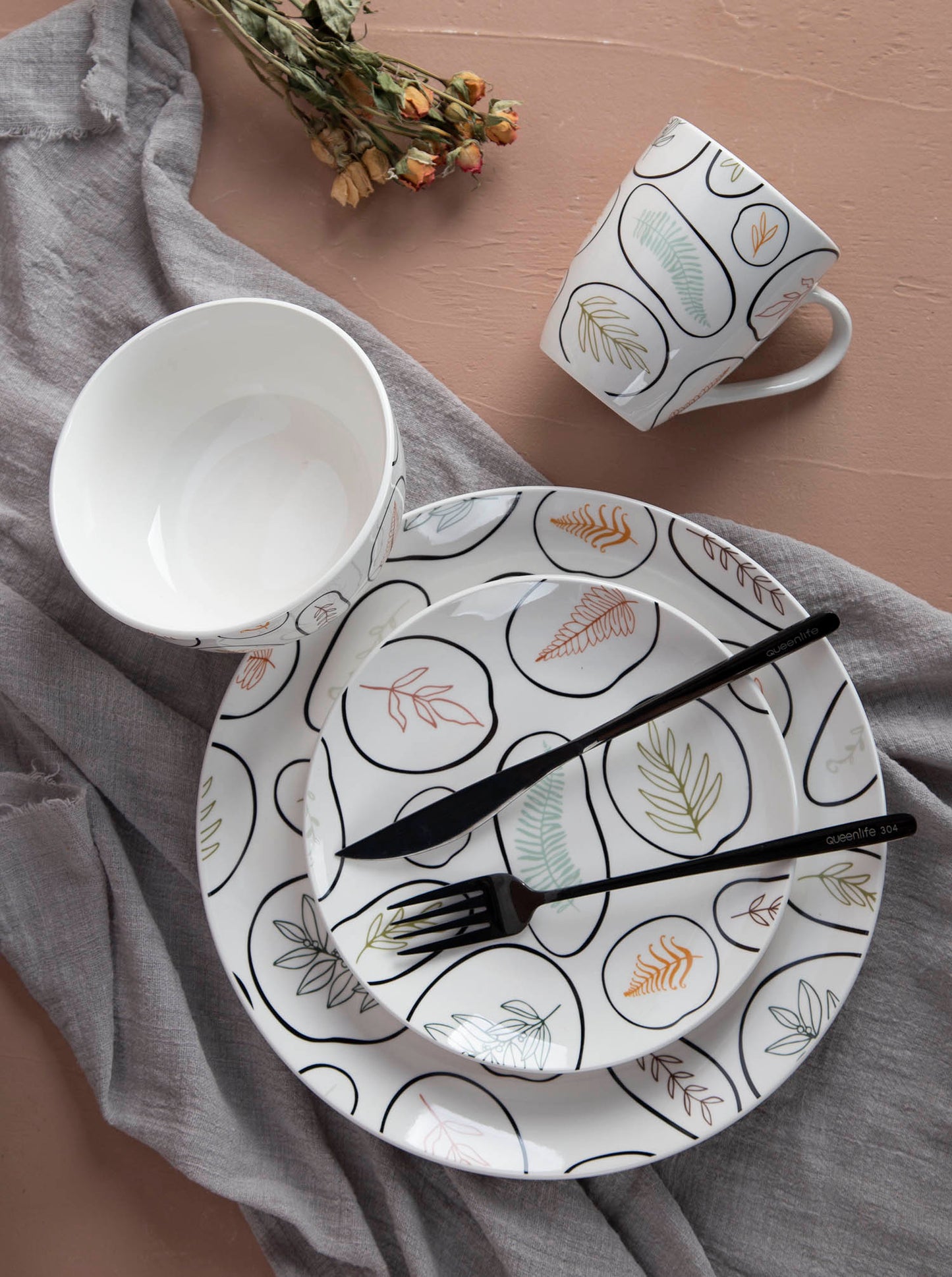 Four Seasons Abstract Plant Pattern Decal Plate Bowl Cup Porcelain Tableware | Item NO.: 96C-029